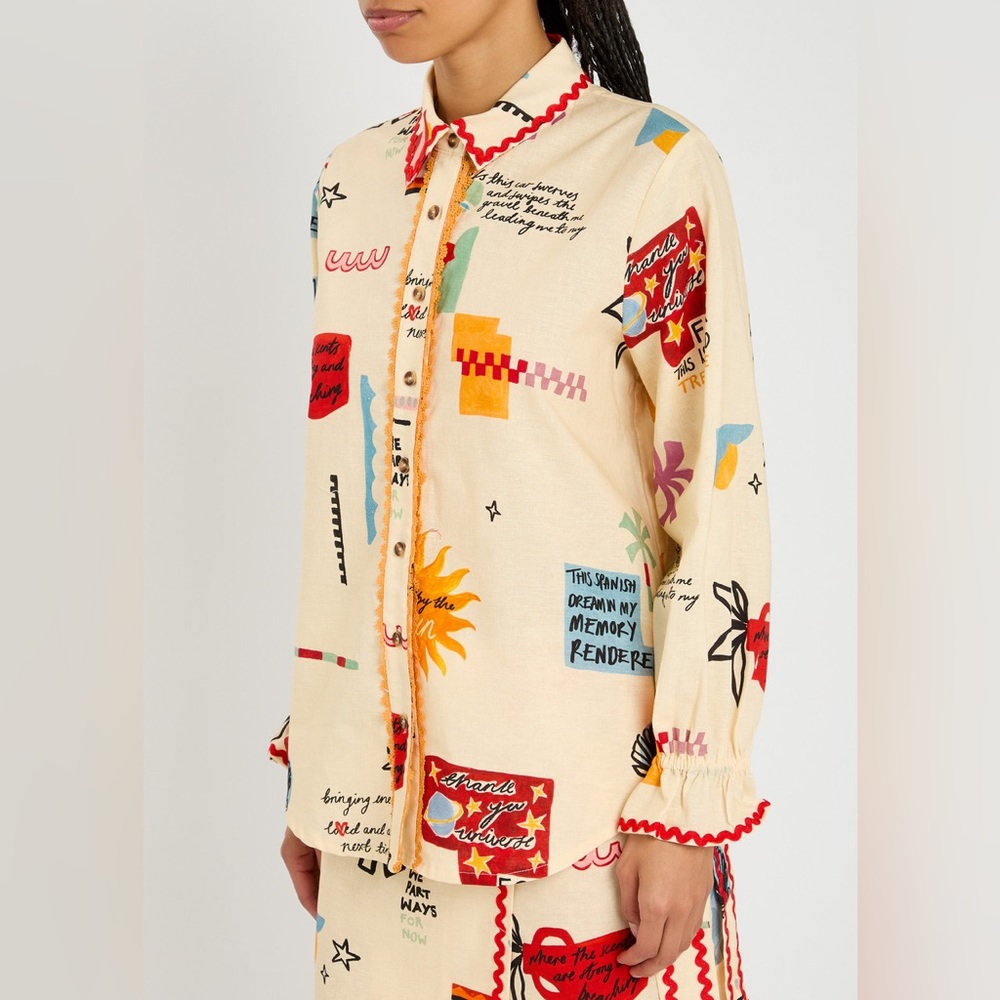 Women NEVER FULLY DRESSED Cream Linen blend Geanie embroidered frill cuff shirt - Picture 2 of 9